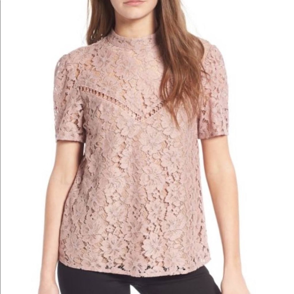 Wayf Greyson Nordstrom’s blush lace high neck short sleeve blouse top